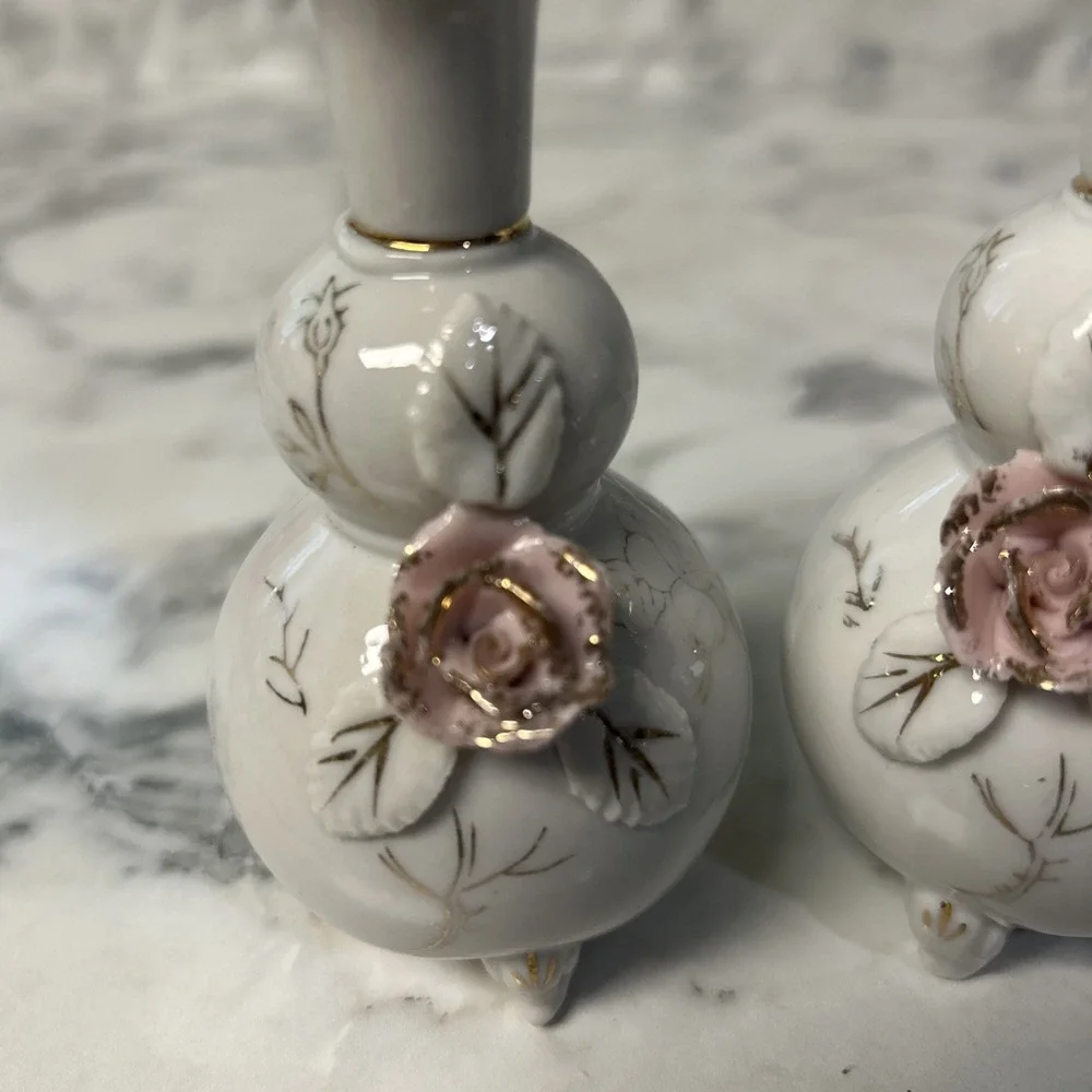 Floral Rose Victorian Bud Vase Old World Footed set of 2 Vintage Shabby Chic